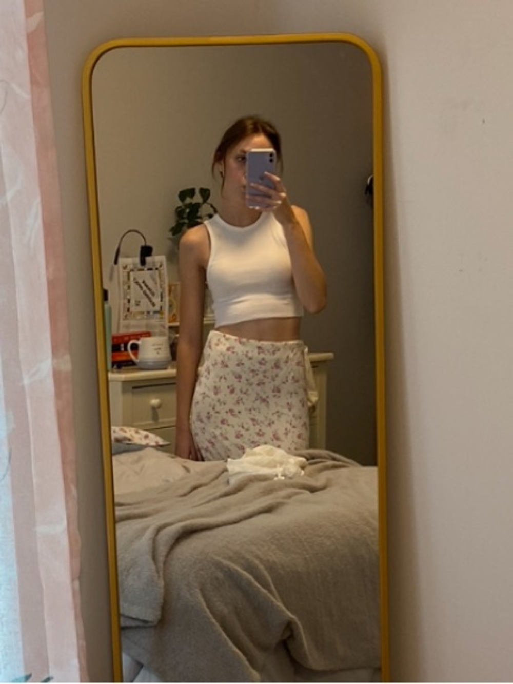 Zara Light Yellow Midi Skirt with Pink Floral Print